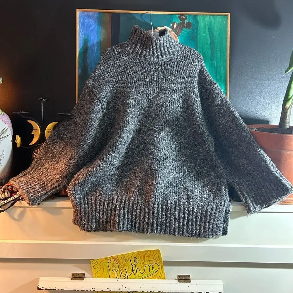 Zara Charcoal Gray Chunky Turtleneck Sweater - Picture 2 of 16